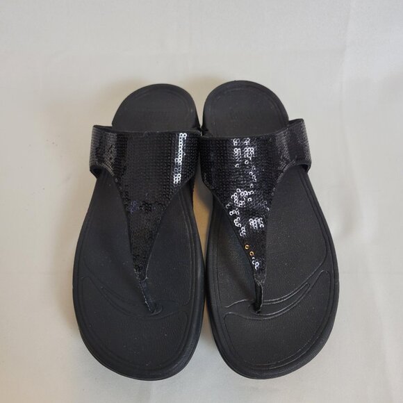 FitFlop Lulus Black Sequin Flip Flops Sandals Size 10 Women's Fitness Beach Walk - Picture 4 of 9